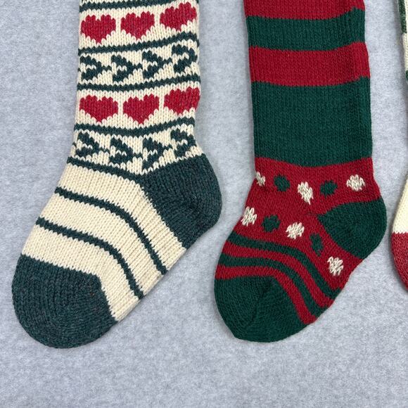 VTG Wool Knit Set of 4 Christmas Stockings Green Red White Fair Isle Cabincore - Picture 8 of 16